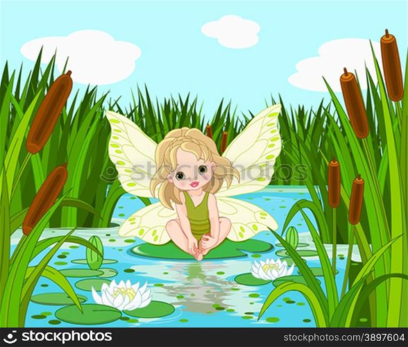 Illustration of cute fairy sitting in leaf of lily
