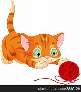 Illustration of cute kitten playing with wool