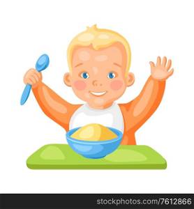 Illustration of cute little baby with plate of porridge. Eating pretty child.. Illustration of cute little baby with plate of porridge.