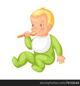 Illustration of cute little baby with spoon. Eating pretty child.. Illustration of cute little baby with spoon.