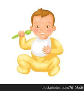 Illustration of cute little baby with spoon. Eating pretty child.. Illustration of cute little baby with spoon.