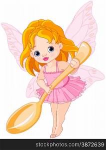 Illustration of cute little fairy holds gold spoon