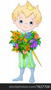 Illustration of Cute Little Prince Holds bouquet of flowers