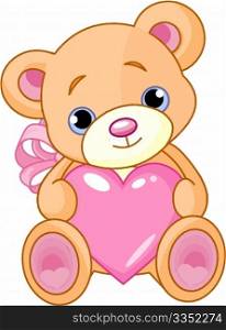 Illustration of cute little Teddy bear holding pink heart.