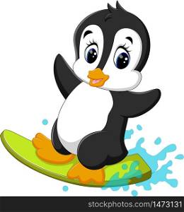 illustration of cute penguin surfing cartoon
