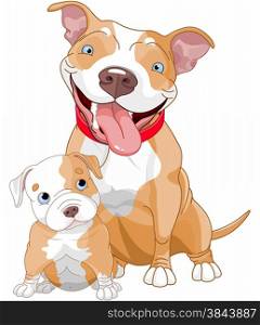 Illustration of cute Pit-bull mother and cub