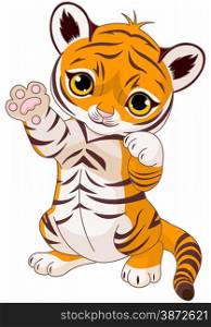 Illustration of cute playful tiger cub waving hello