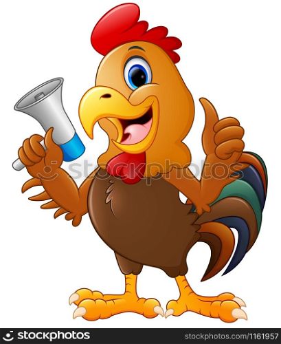 Illustration of Cute rooster cartoon holding a loudspeaker