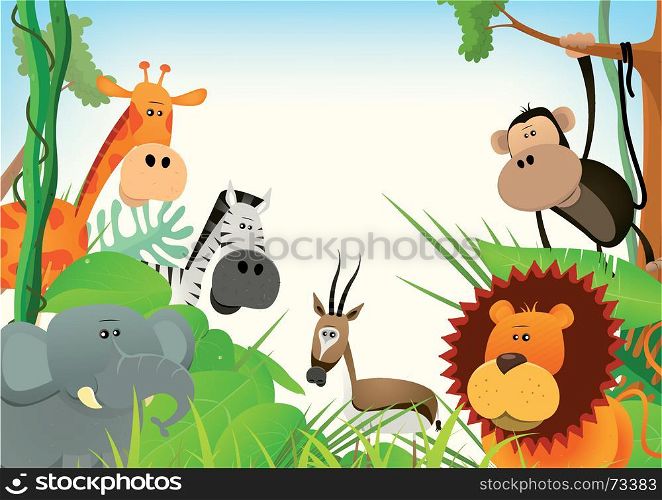 Illustration of cute various cartoon wild animals from african savannah, including lion, elephant,giraffe, gazelle, monkey and zebra with jungle background. Wild Animals Postcard Background