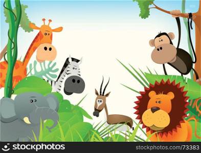 Illustration of cute various cartoon wild animals from african savannah, including lion, elephant,giraffe, gazelle, monkey and zebra with jungle background. Wild Animals Postcard Background