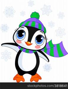 Illustration of cute winter penguin with hat and scarf pointing