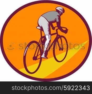 Illustration of cyclist wearing helmet riding racing bicycle cycling biking viewed from rear set inside oval shape on isolated background done in retro woodcut style. . Cyclist Riding Bicycle Cycling Oval Woodcut