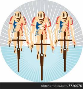 Illustration of cyclists riding racing bicycle cycling biking face down viewed from front set inside circle with sunburst in the background done in retro woodcut style. . Cyclist Riding Bicycle Cycling Circle Woodcut