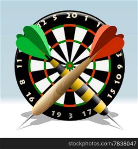 Illustration of dartboard and two darts drawn in cartoon style