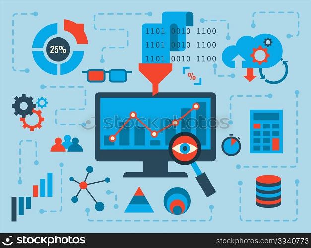 Illustration of data analysis concept, flat design with icons