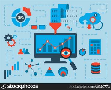 Illustration of data analysis concept, flat design with icons