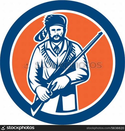 Illustration of Davy Crockett an American frontiersman, soldier, hero holding rifle facing front set inside circle done in retro style.