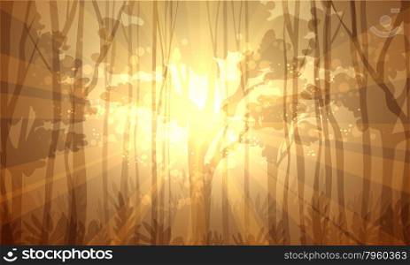 Illustration of deep forest. Sunburst through the trees and bushes.