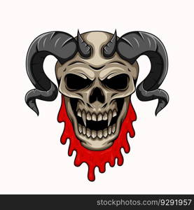 Illustration of demon human skull mascot character with horns and blood drip. Demon skull graphic mascot character