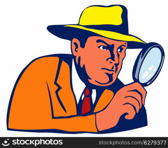 Illustration of detective with magnifying glass isolated on white background done in retro style. . Detective with Magnifying Glass