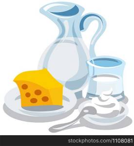 illustration of different milk products, cheese and cottage. milk and cottage