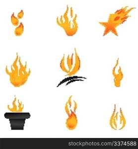 illustration of different shapes of fire on white background