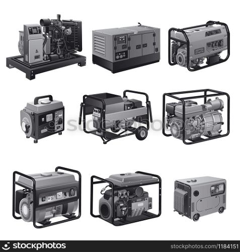 illustration of different type of industrial and small power generators in a grayscale color. power generators
