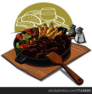 illustration of dinner with roasted meat and vegetables in pan. dinner with roasted meat
