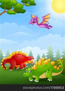 illustration of Dinosaurs cartoon in the jungle