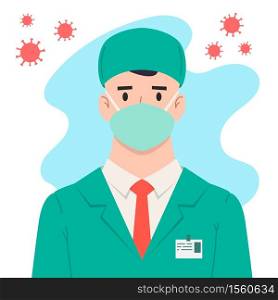 Illustration of doctor with antivirus protection, medical masks and protective glasses. Coronavirus danger. Design element for poster, label, sign, emblem, infographic. Vector illustration