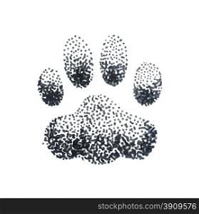 Illustration of doodle halftone illustration with dog paw print isolated on white background