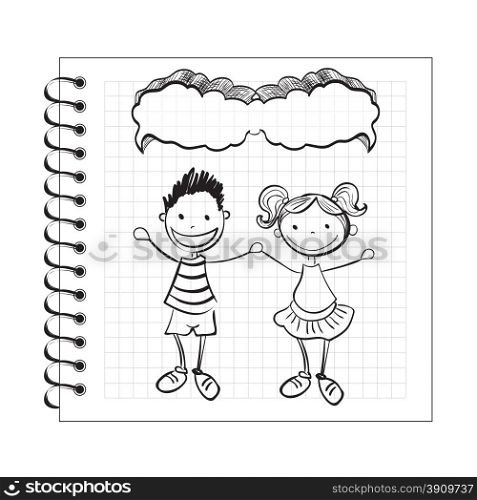 Illustration of doodle kids with speech bubble on notepad