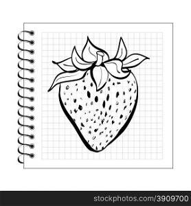 Illustration of doodle strawberry on spiral notepad paper isoalted on white background