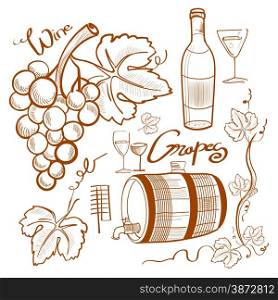 Illustration of doodle wine set isoalted on white background