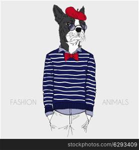 Illustration of dressed up french bulldog, french chic style