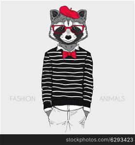 Illustration of dressed up raccoon, french chic style
