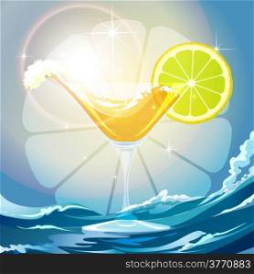 Illustration of drink wave and lime slice in a cocktail glass against wavy background