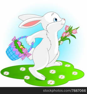 Illustration of Easter bunny holds basket of eggs and bouquet of tulips