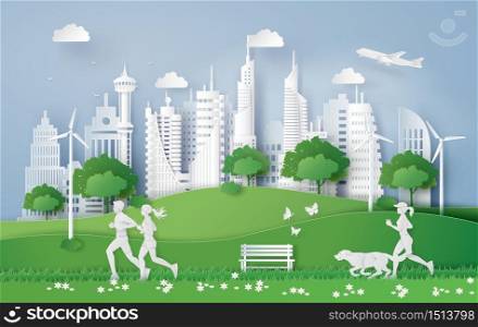 Illustration of eco concept,green city in the leaf. Paper art and digital craft style.