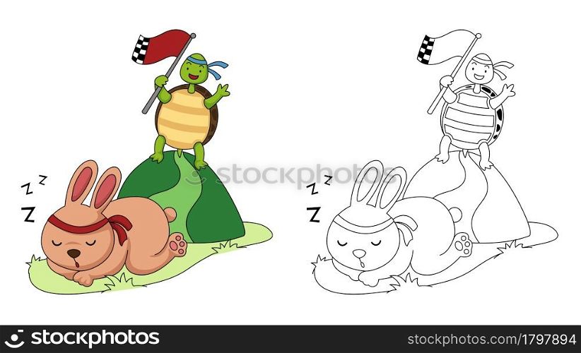 Illustration of educational coloring book vector-turtle and rabbit running a race