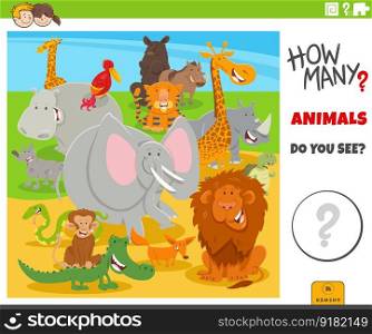 Illustration of educational counting activity for children with cartoon wild animal characters group