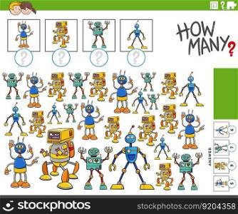 Illustration of educational counting activity with funny cartoon robots characters