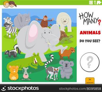 Illustration of educational counting game for children with cartoon animal characters group