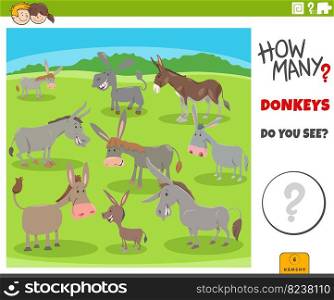 Illustration of educational counting game for children with cartoon donkeys animal characters group