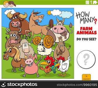 Illustration of educational counting game for children with cartoon farm animal characters group
