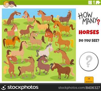 Illustration of educational counting game for children with cartoon horses farm animal characters group