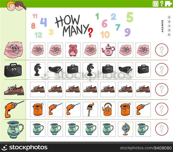 Illustration of educational counting game for children with cartoon object characters
