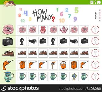 Illustration of educational counting game for children with cartoon object characters