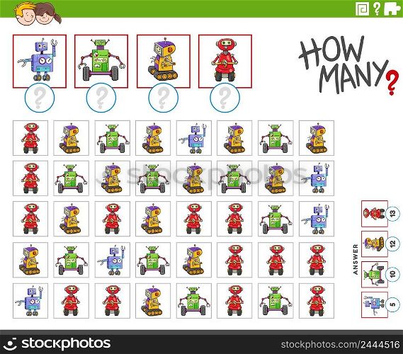 Illustration of educational counting game for children with cartoon robot characters