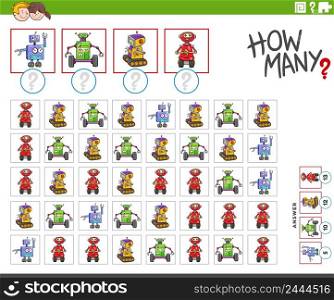 Illustration of educational counting game for children with cartoon robot characters